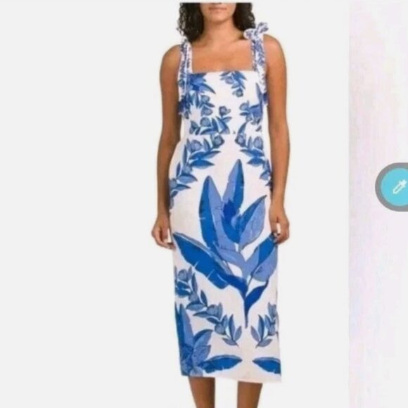 CALYPSO ST. BARTH Linen Blend Beaded Strap Placed Print Midi Dress Sz XS - Picture 1 of 10